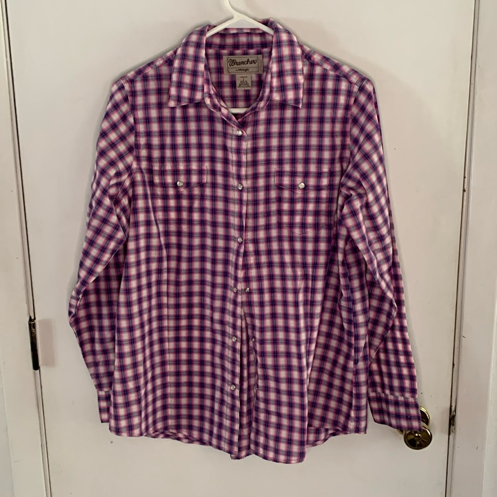 Wrangler Wrancher vtg pink navy plaid long sleeve western shirt Size Large